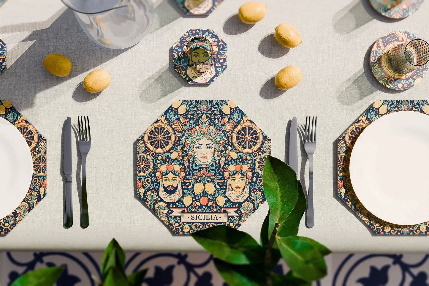 sottopiatto ottagonale con decorazione regionale su tavola apparecchiata