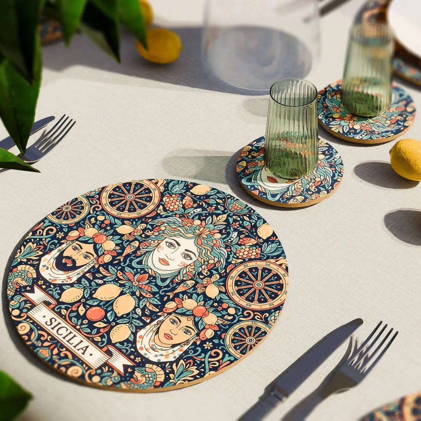 sottopiatto in legno di betulla su tavola apparecchiata