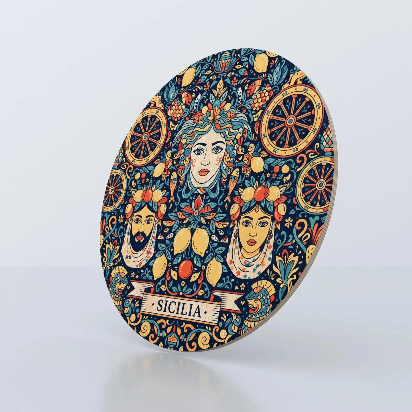 sottopiatto tondo di profilo con decorazioni regionali