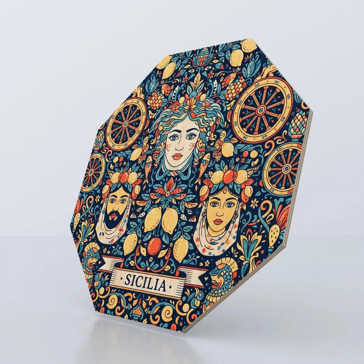 sottopiatto ottagonale di profilo con decorazioni regionali